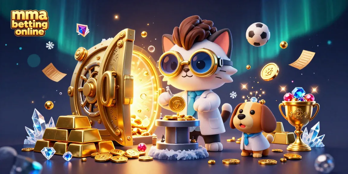 Engage with mma betting online in this dynamic scene showcasing a sports betting lab and golden treasures.