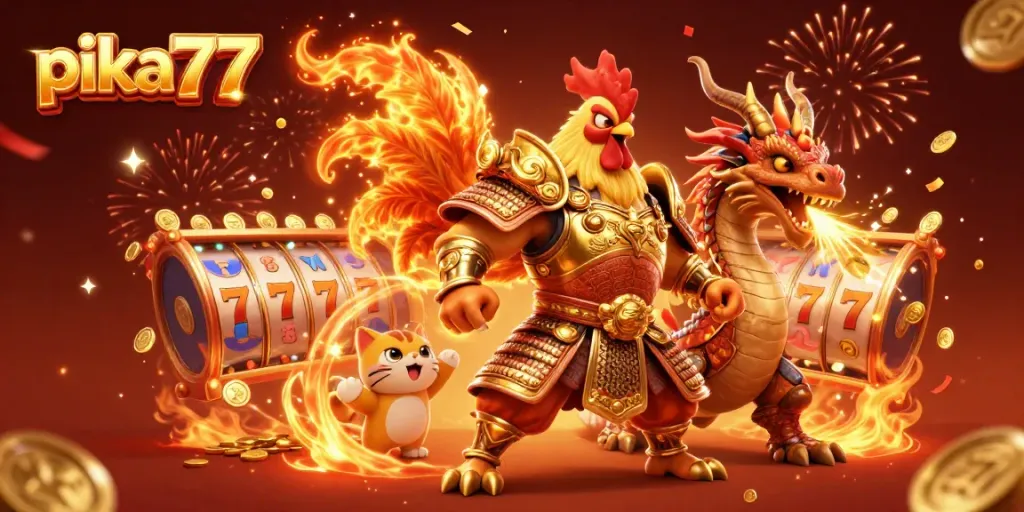 Experience exciting gameplay at pika77 with fiery characters and thrilling slot elements in a dynamic casino scene