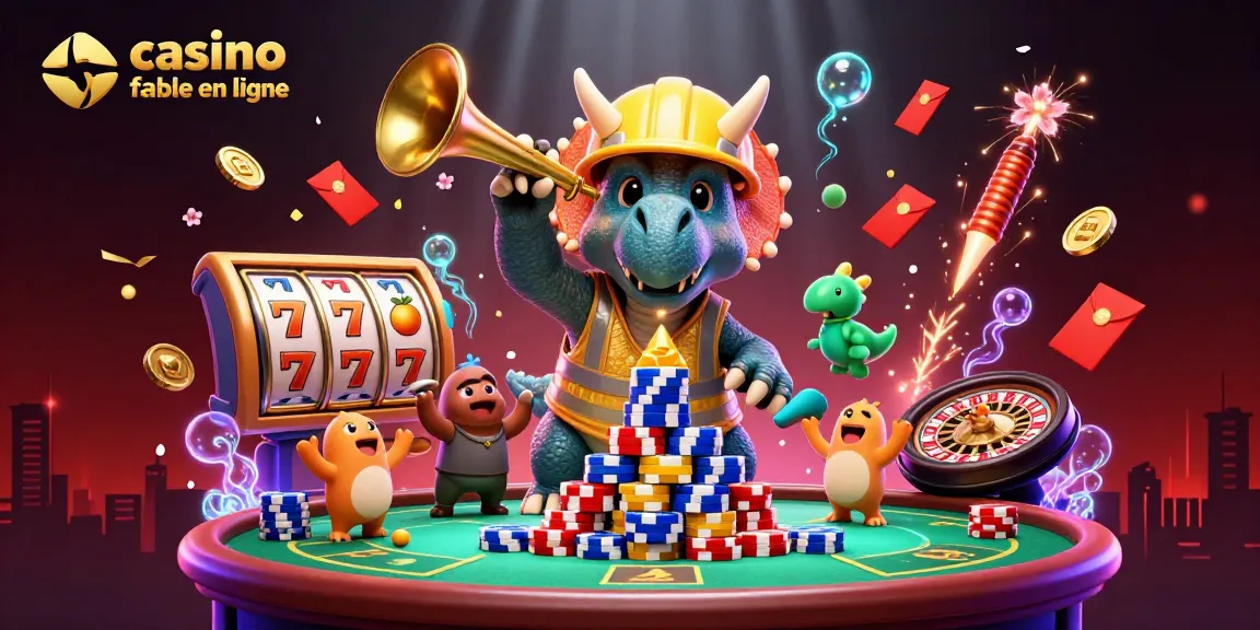 Jouer à un casino fiable en ligne avec des triceratops et des éléments festifs animés, symbole de chance.