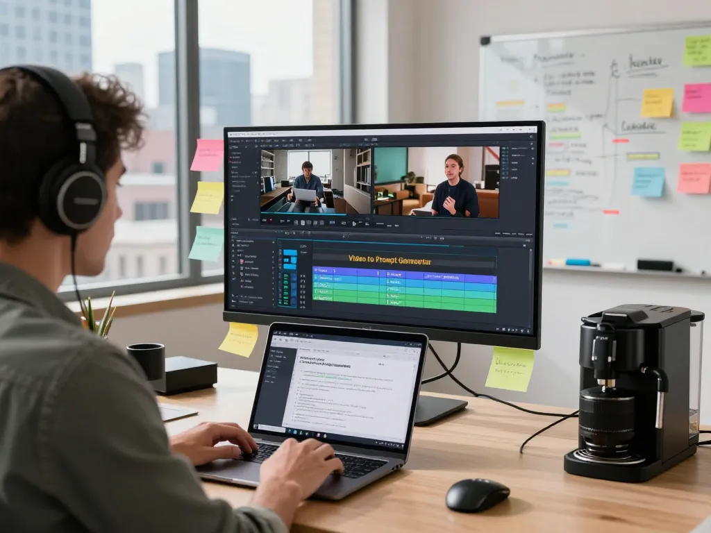 Video to promptgenerator workspace featuring a professional analyzing video prompts in a bright urban office.
