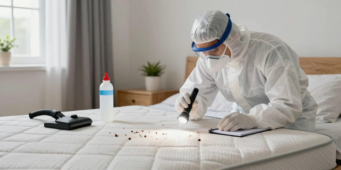 Technician conducting bed bug control inspection in a cozy bedroom setting