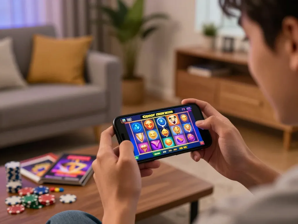 Embracing the thrill of slot gacor maxwin gaming on a smartphone in a cozy environment.