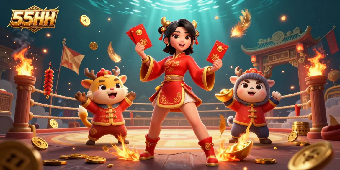 Experience the thrill of 55HH online gaming with vibrant visuals of lucky symbols and festive ambiance.