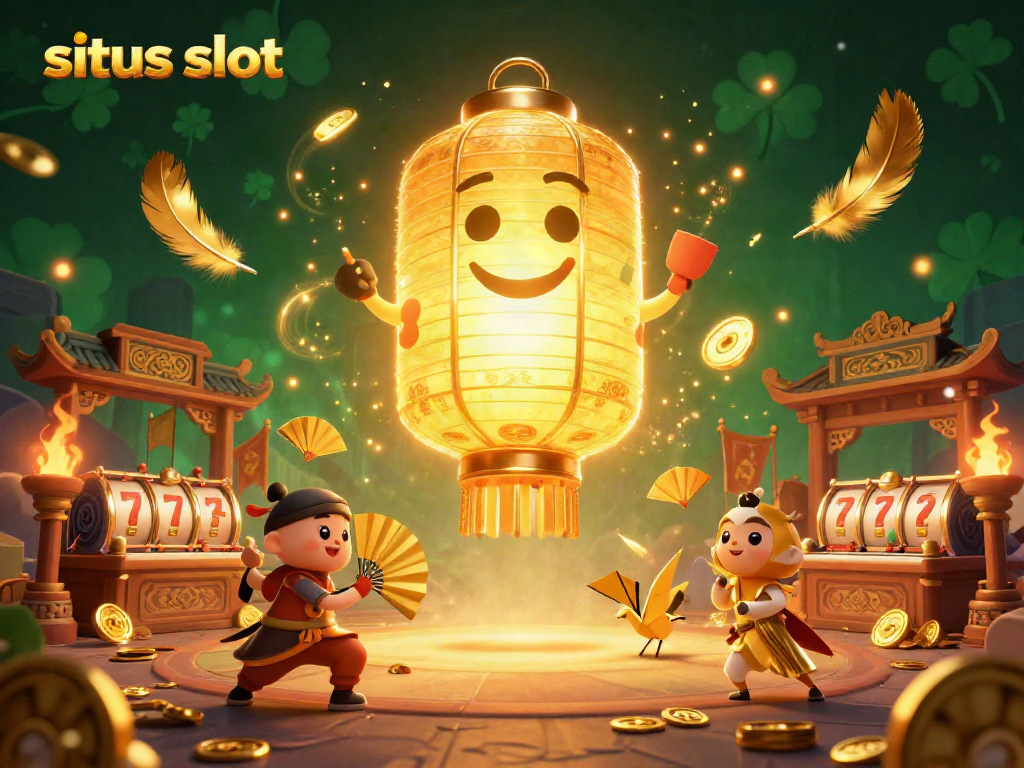 Experience the excitement of situs slot with vibrant 3D illustration of golden lantern spirit and casino elements.