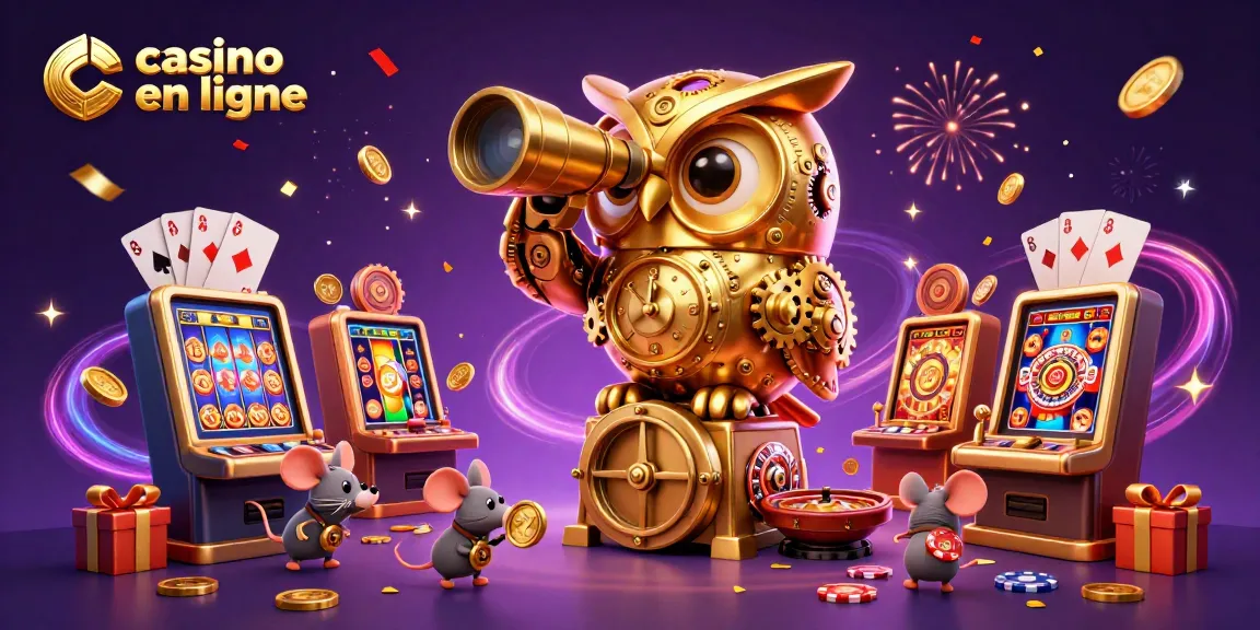 Explorez un casino fiable en ligne avec une illustration de hibou mécanique et des jeux lumineux.