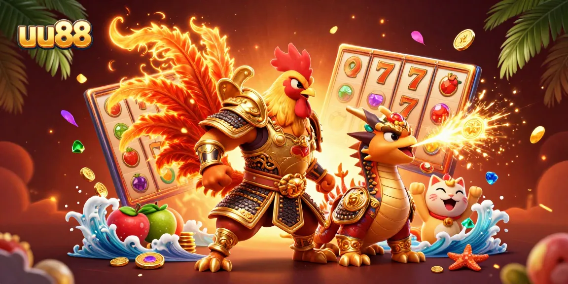 Engage in exciting gaming with uu88's illustrated scene of a fighting rooster, dragon hatchling, and lucky fortune cat amidst casino elements.