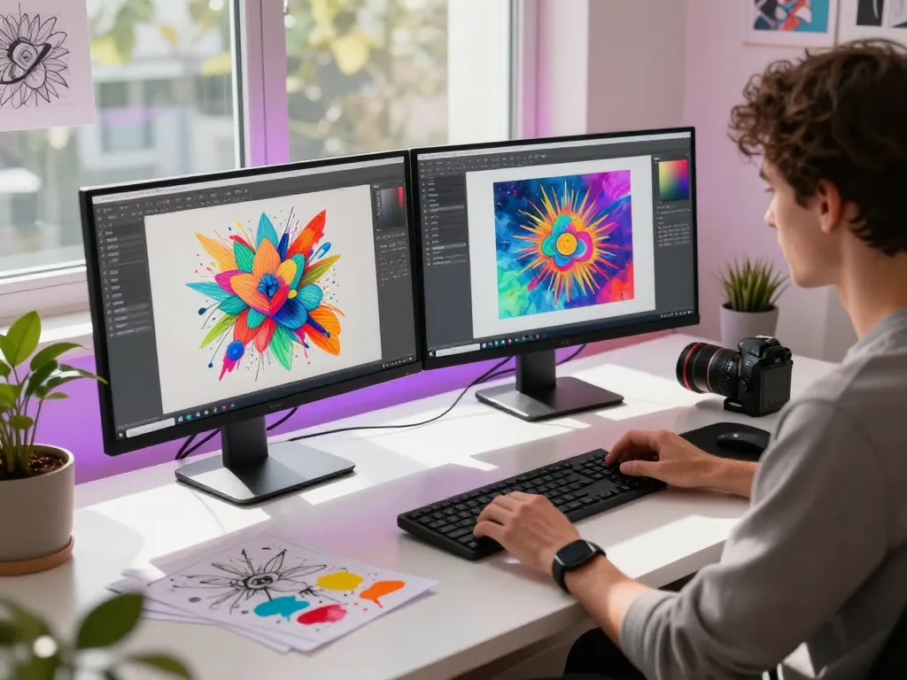 Creative workspace showcasing NSFW AI design process with vibrant artwork and technology integration.