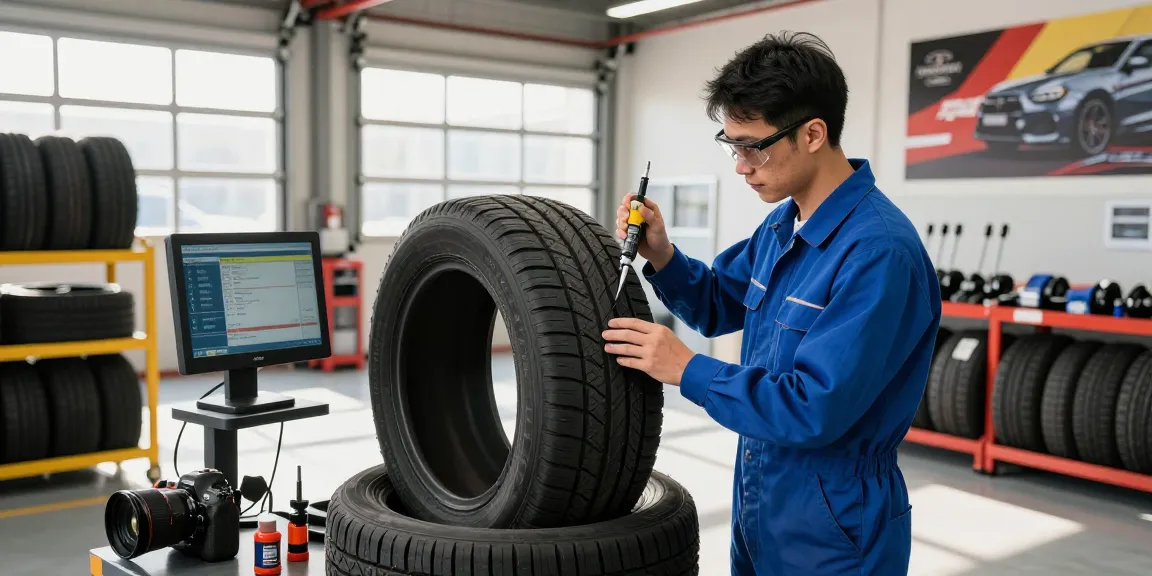 Technician inspecting Double Coin RR99 tires in a modern garage during inspection process.