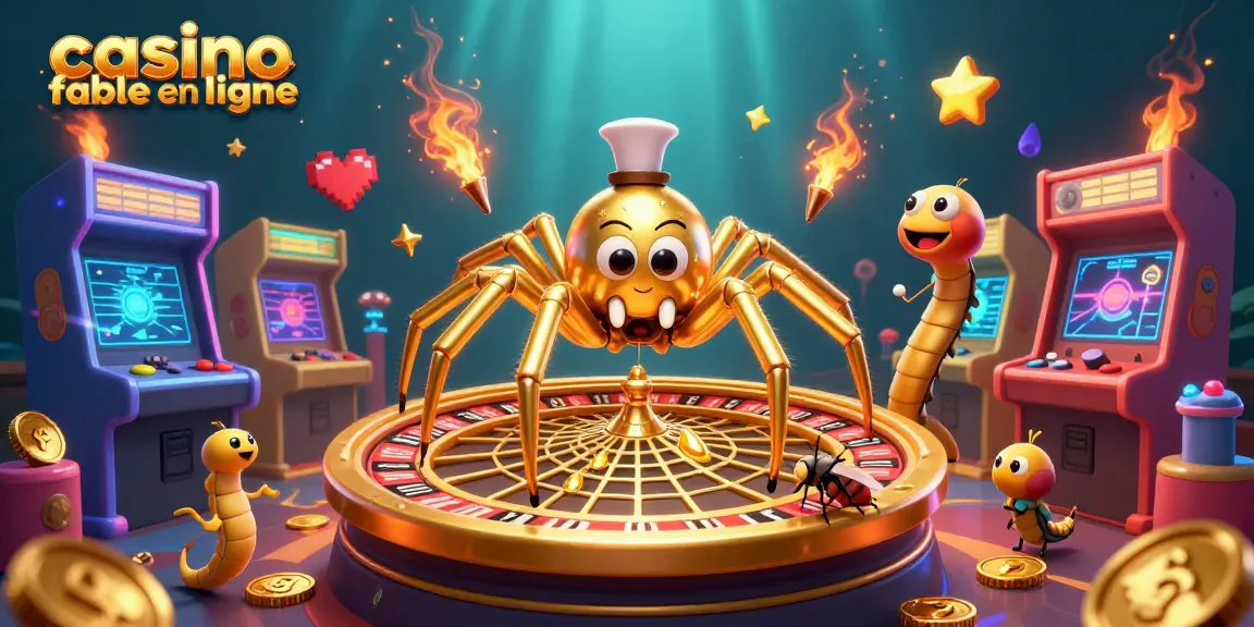 Placer des paris sur un casino fiable en ligne avec une araignée dorée et un croupier mille-pattes entourés de machines à arcade colorées.