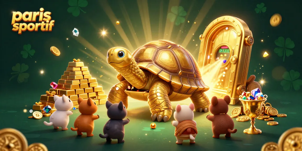 Lancez-vous dans les paris sportifs avec cette illustration d'une tortue géante en or, entourée de trésors scintillants.