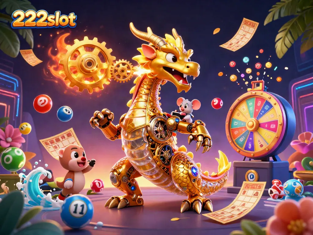 Menangkan permainan slot di 222slot dengan ilustrasi naga emas yang unik.