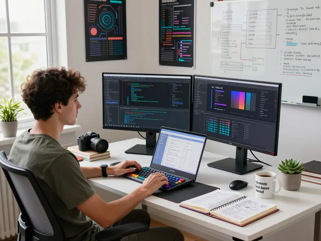 Engaging workspace with a developer using moltbot ai software, coding on multiple monitors surrounded by tech elements.