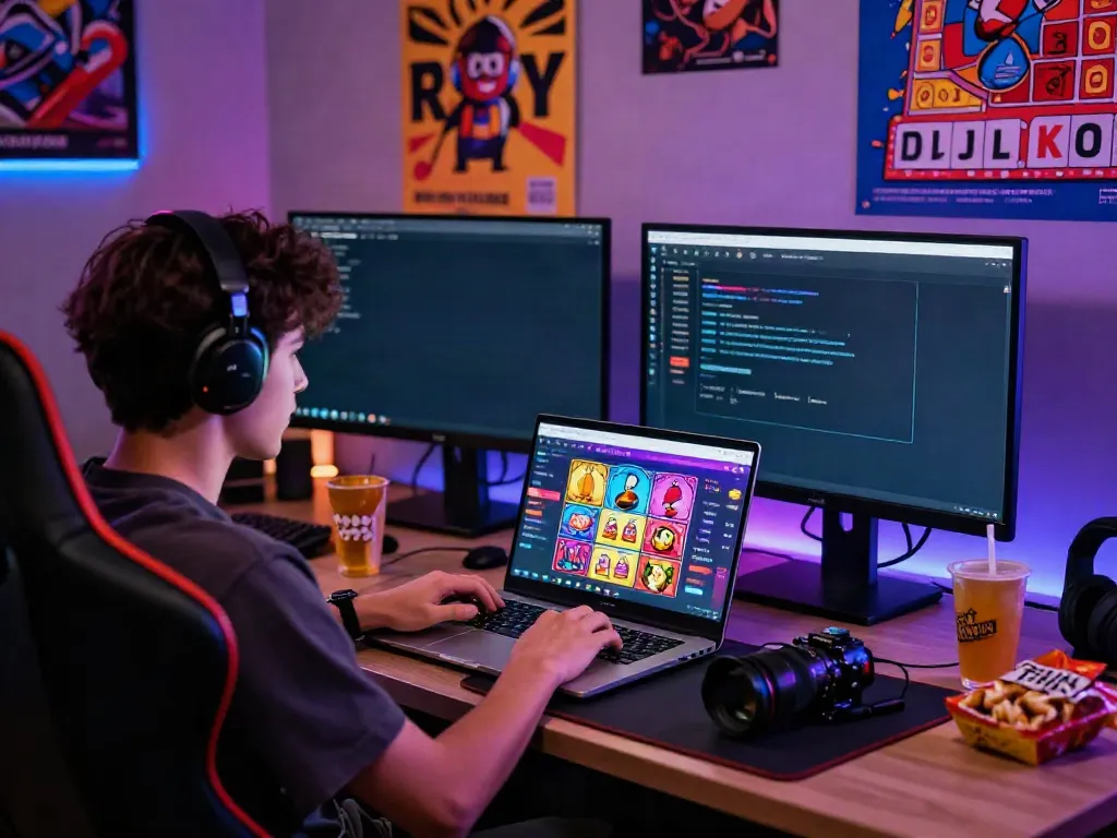 Screenshot aktivitas bermain di https://totobet.net/ dengan interaksi menarik, lampu LED warna-warni, dan laptop ramping.