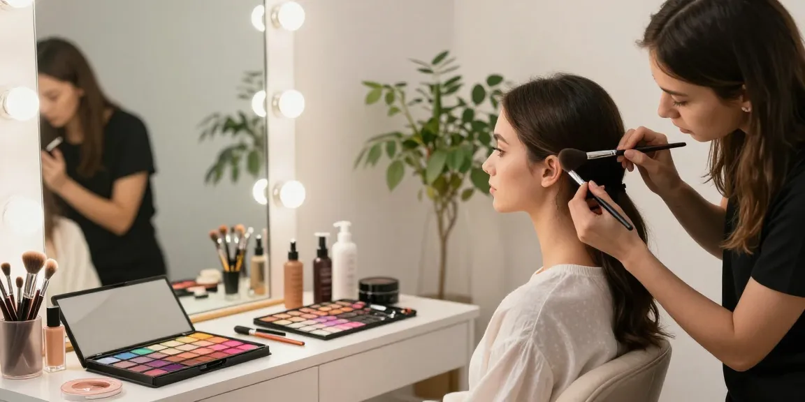 Apply makeup with professional makeup blending brushes in a bright beauty studio.