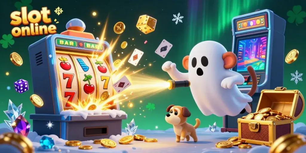 Engaging illustration of a mischievous poltergeist monkey juggling gold in a casino, showcasing slot online excitement.