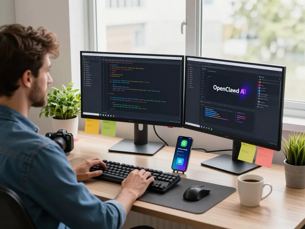 Developer utilizing openclawd AI in a modern workspace with dual monitors and coding tasks.