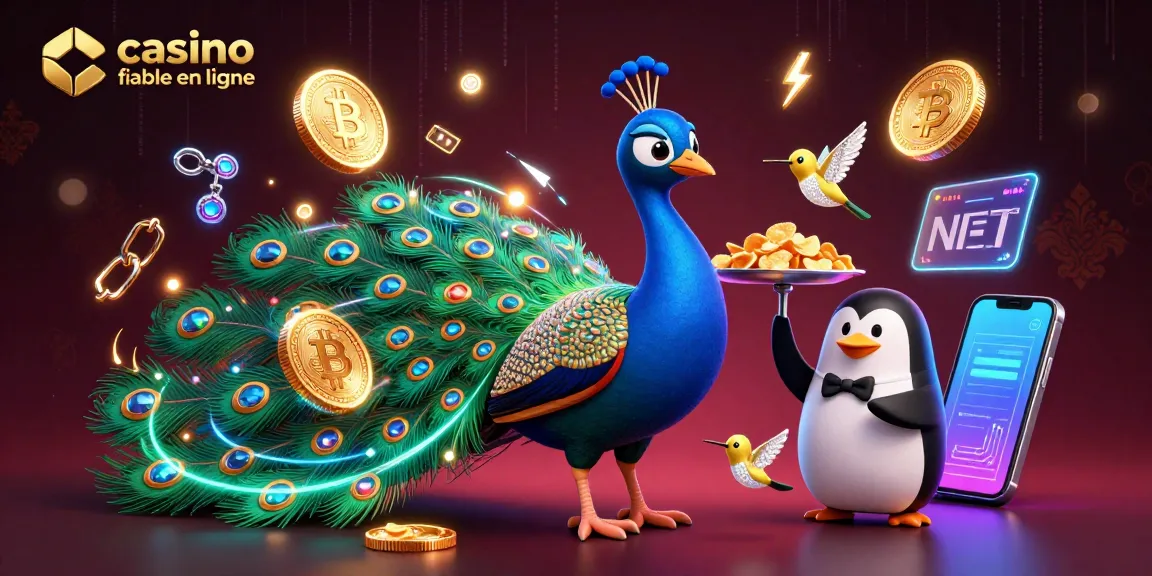 Visualisez le monde du casino fiable en ligne avec un paon aristocratique et un pingouin.