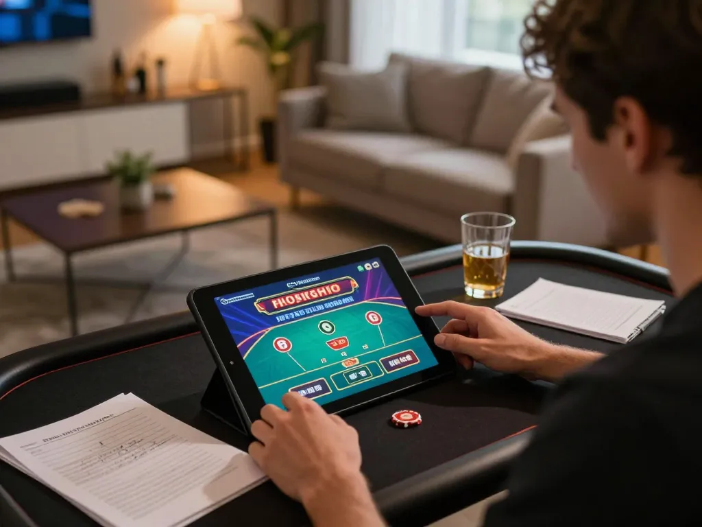 Engaged player enjoying online gaming at lc88 com with a tablet, showcasing responsible gambling.
