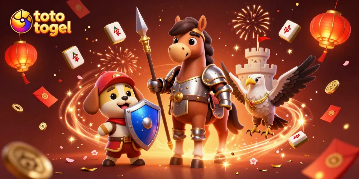 Toto togel gaming scene featuring a knight, puppy, and falcon amidst vibrant gambling elements