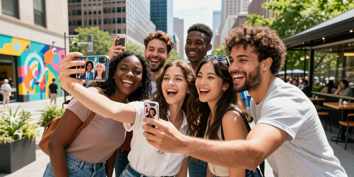 Group of friends discovering who looks like a celebrity while taking selfies in the city