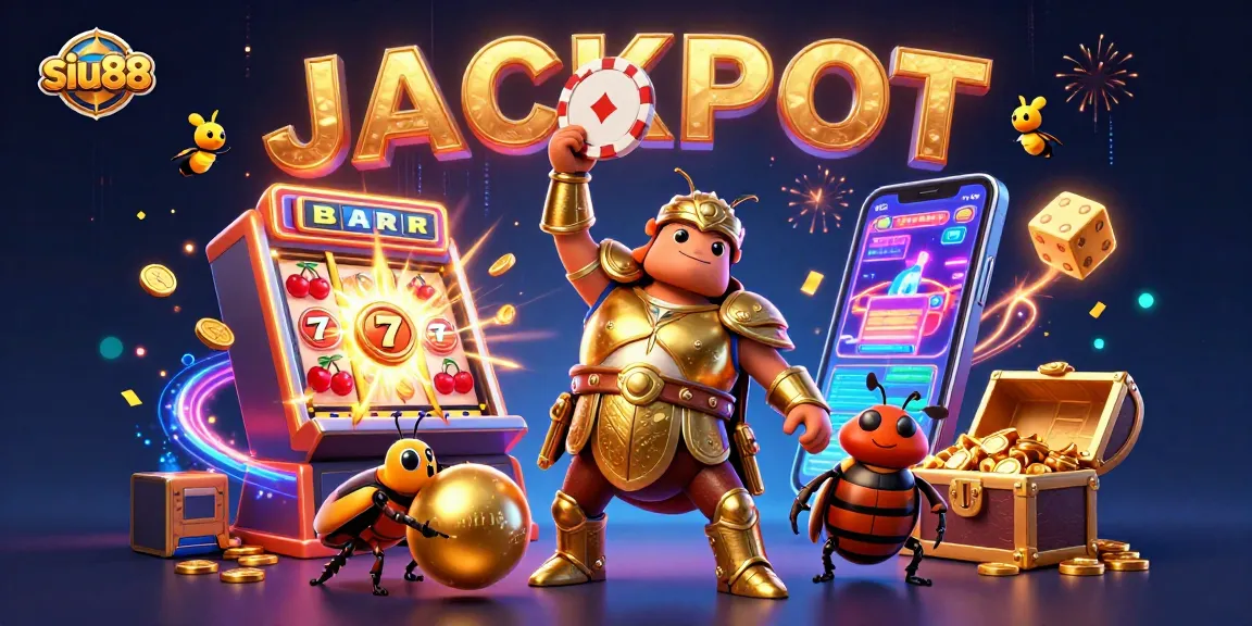 Experience the excitement of siu88 with a vibrant 3D jackpot scene featuring unique characters and casino elements.