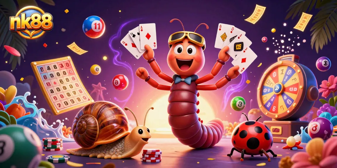Engage in thrilling gameplay with nk88's vibrant 3D casino illustration featuring colorful characters and exciting elements.