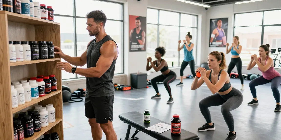 Energetic scene at Driada Medical Shop showcasing fitness enthusiasts exploring high-quality supplements and workout gear.