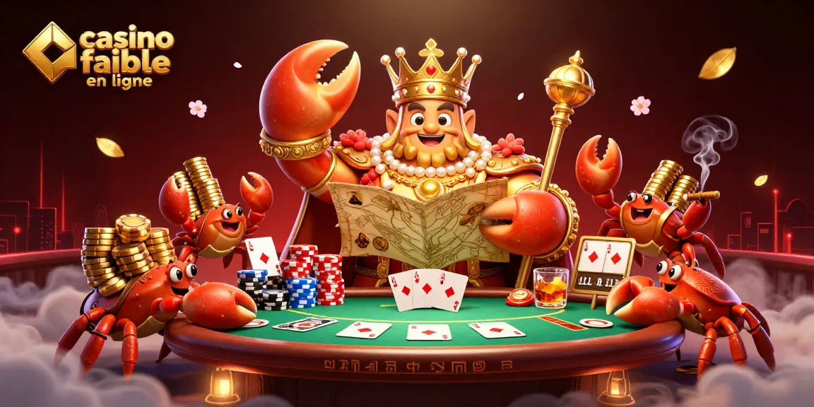 Jouez au casino fiable en ligne avec les personnages colorés d'un crabe empereur et des éléments de poker.