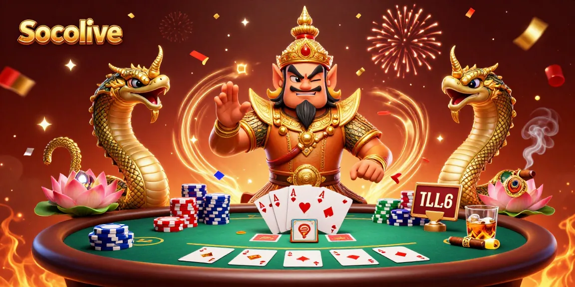 Socolive showcases a 3D cartoon guardian surrounded by poker elements, creating an engaging casino atmosphere.