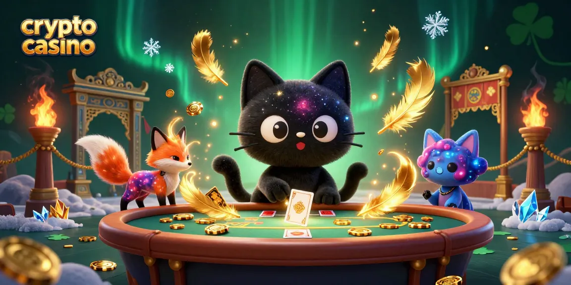 Gioca nel crypto casino con il gatto nero buco nero e la volpe nebulosa, circondato da monete d'oro e effetti fiammeggianti.