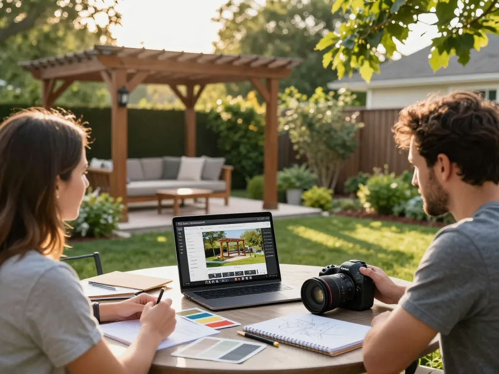 Couple collaborating with designer using a 3D Pergola Configurator in a warm backyard setting.