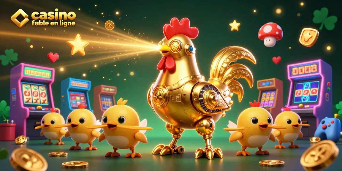 Plongez dans l'univers du casino fiable en ligne avec des machines à sous et un robot coq futuriste.