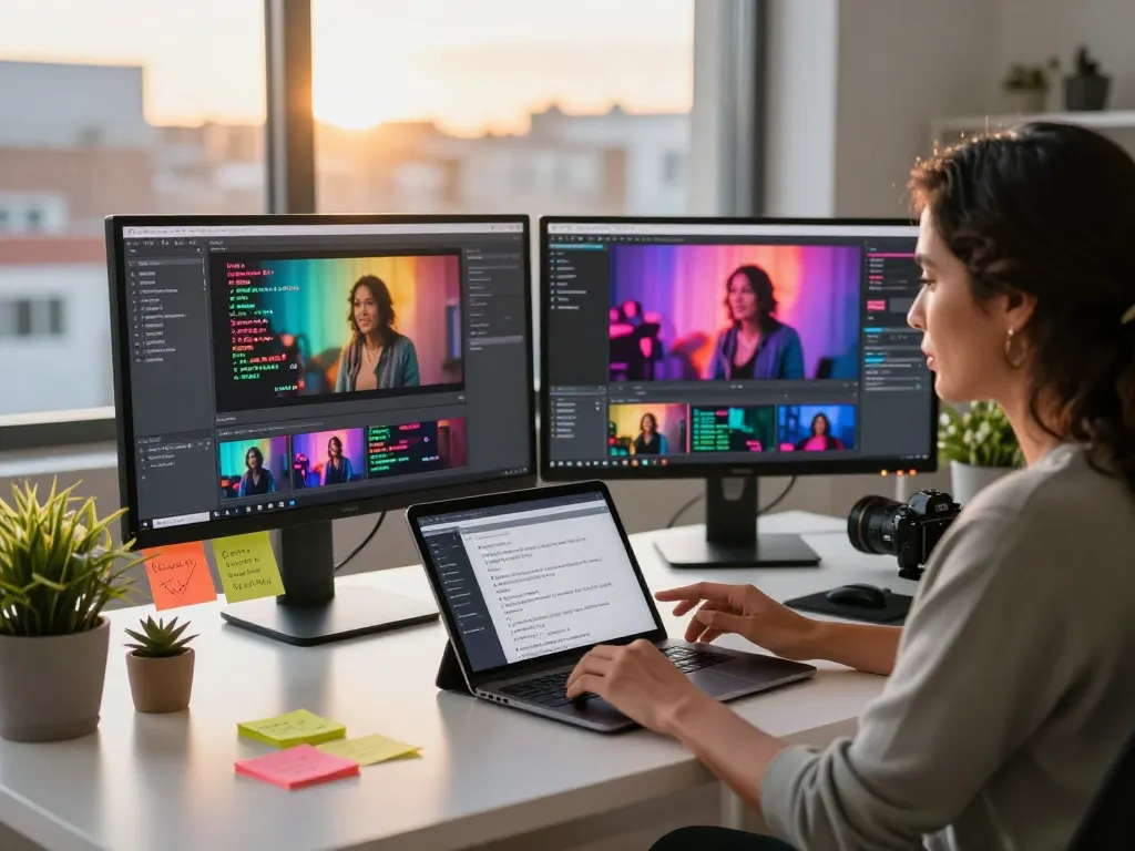 Creator generating video to prompt in a vibrant digital workspace filled with monitors and creative elements.