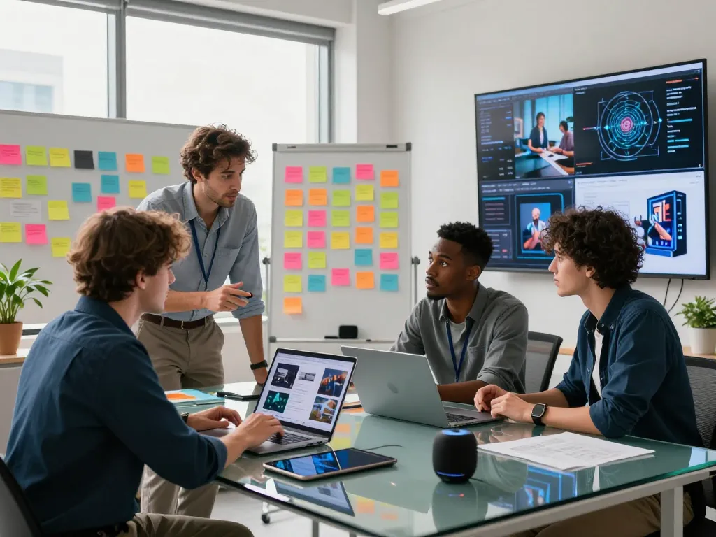 Collaborative team using image to prompt ai in a modern tech workspace.