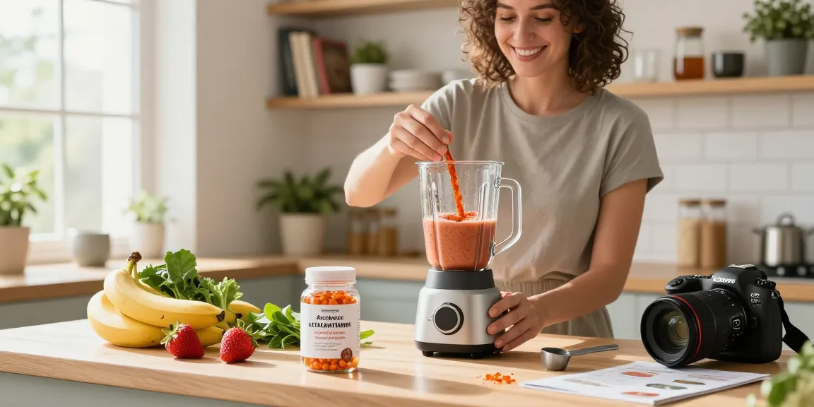 Mixing a smoothie with natural astaxanthin powder in a bright kitchen.
