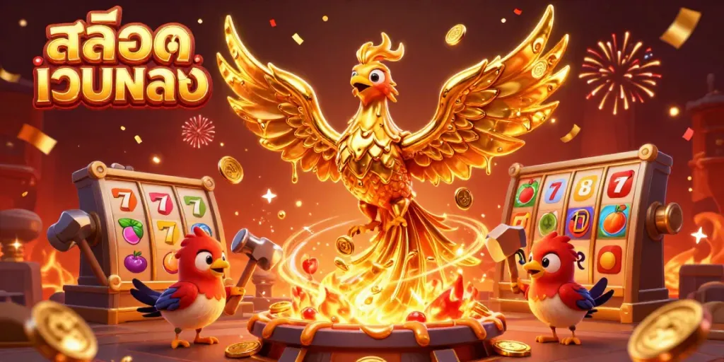 Engage with สล็อตเว็บตรง as golden phoenix releases coins amidst a vibrant slot game backdrop.