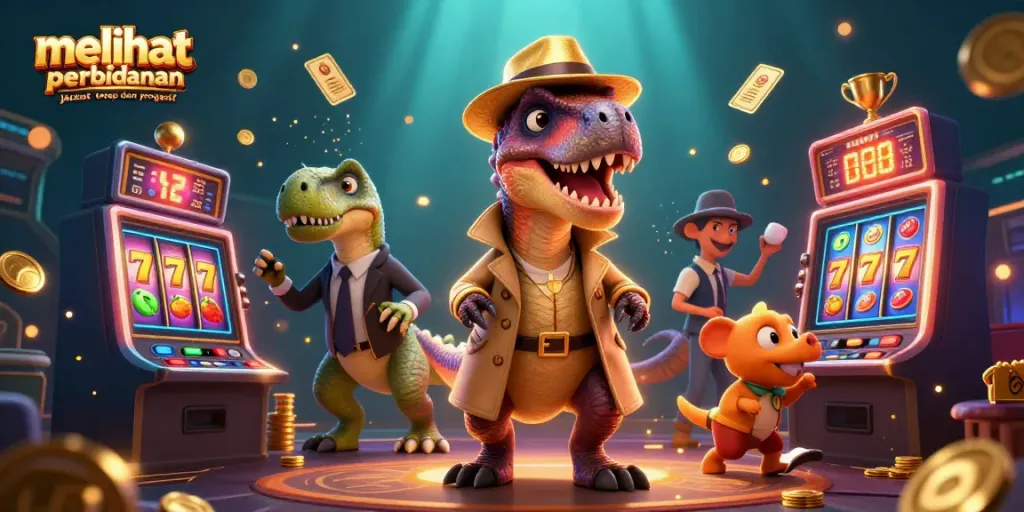 Melihat perbedaan jackpot tetap dan progresif, ilustrasi slot dengan karakter kartun berinteraksi di meja kasino.