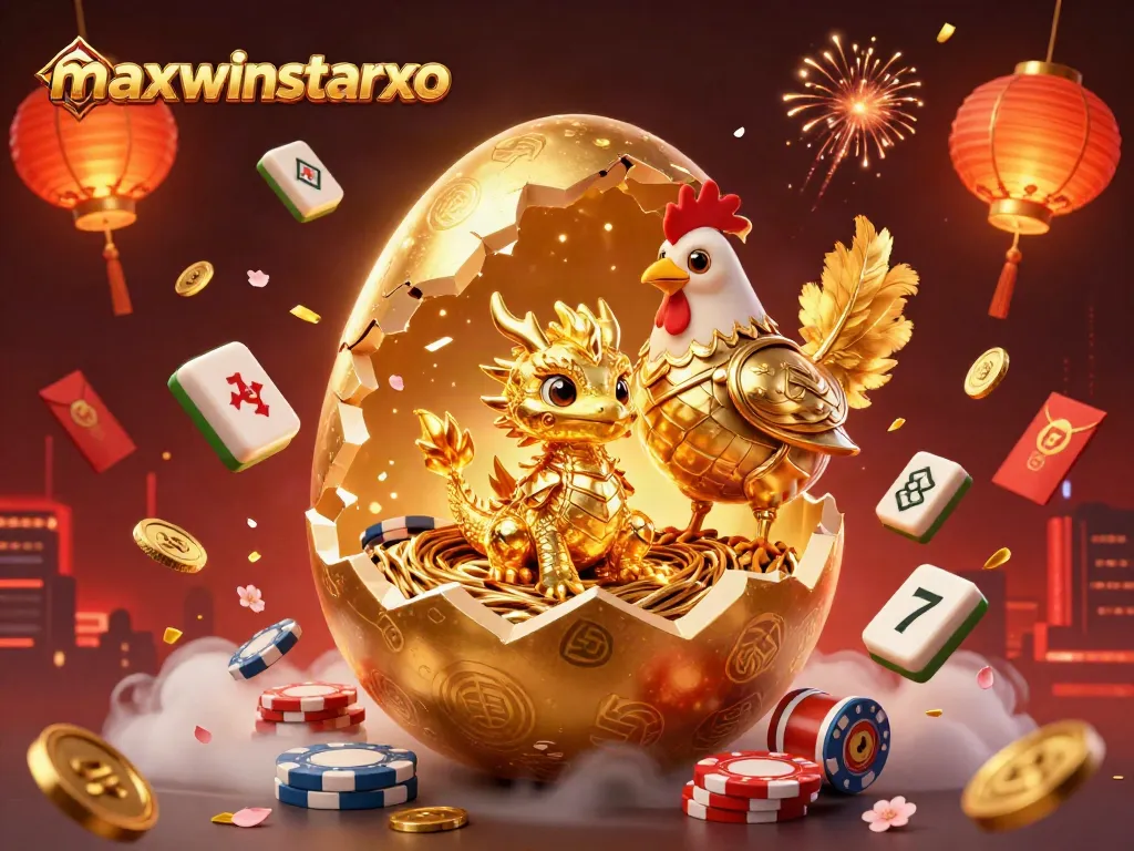 Engage with maxwinstarxo's vibrant 3D casino scene featuring a golden dragon among vibrant gambling symbols.