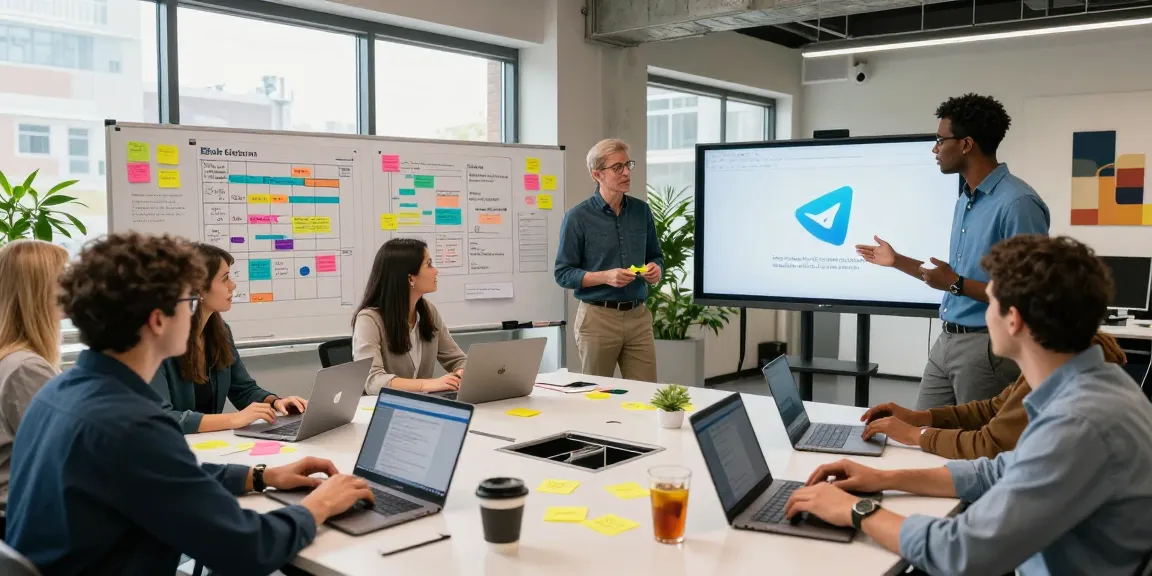 Collaborative tech workspace showing professionals discussing telegram官网 features in a modern office.