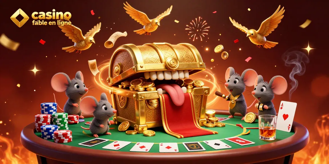 Une illustration 3D représentant un casino fiable en ligne avec un coffre au trésor et des souris aventurières.
