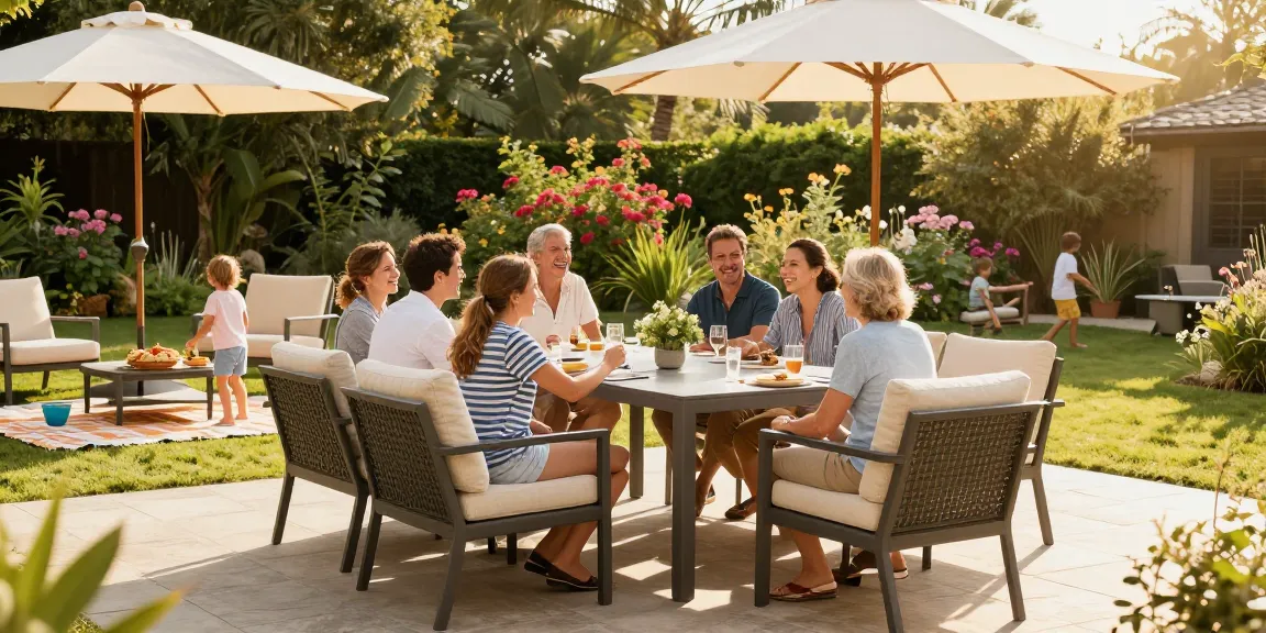 Outdoor seating furniture in a cozy family gathering, stylish dining set with cushions and umbrellas in a garden.