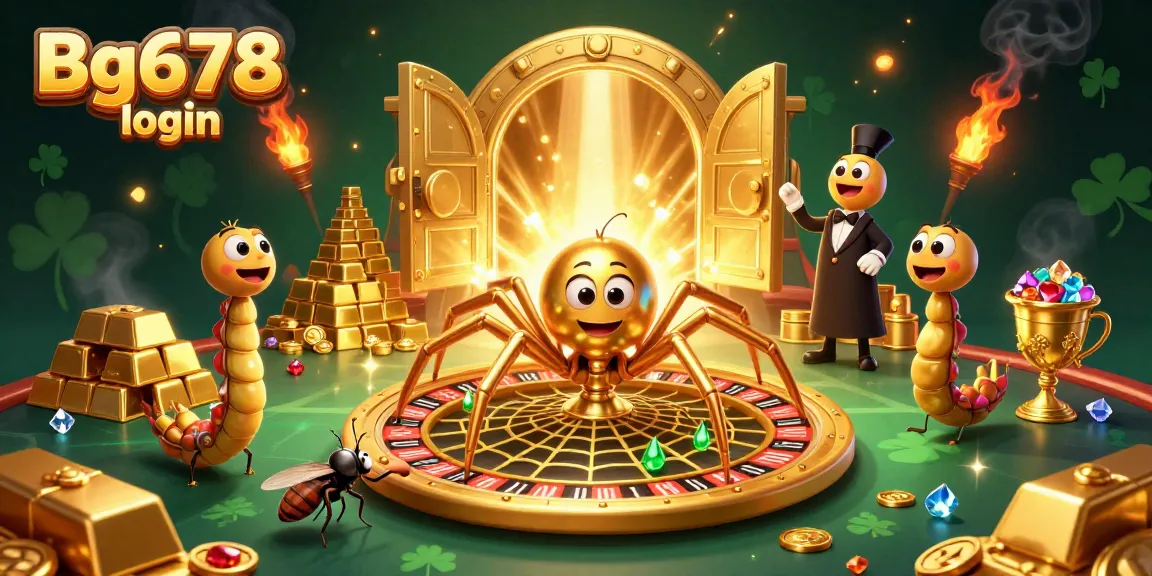 Engage with Bg678 login at a lively casino scene featuring vibrant games, golden treasures, and animated characters.