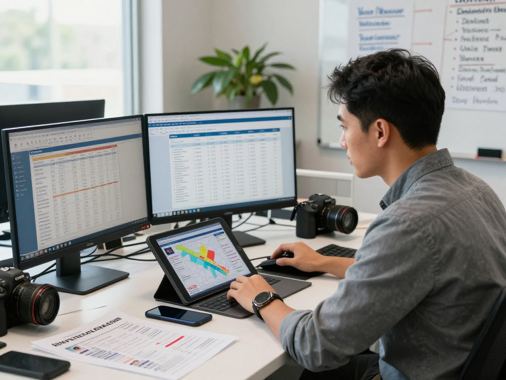 Political search advertising analysis with strategist reviewing voter data in a modern office.