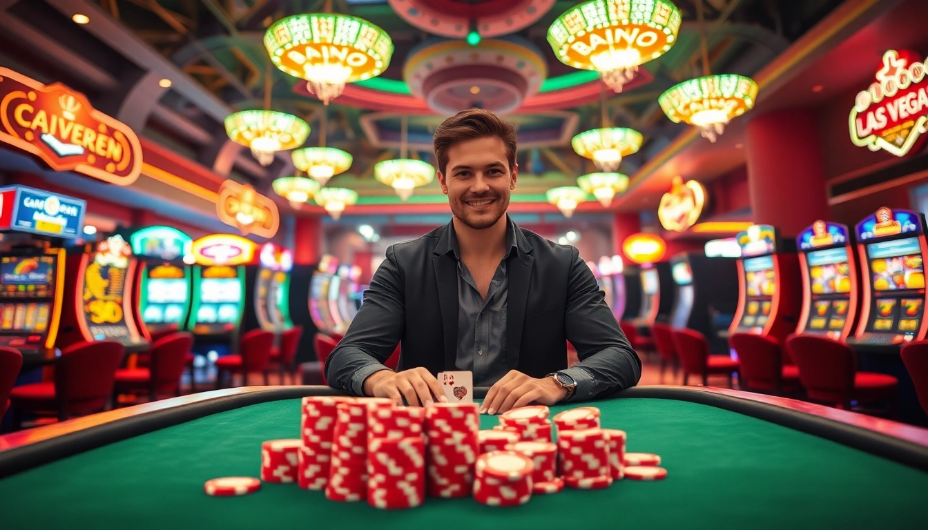 Vegas hero celebrating a win at a colorful casino table surrounded by vibrant gambling elements.