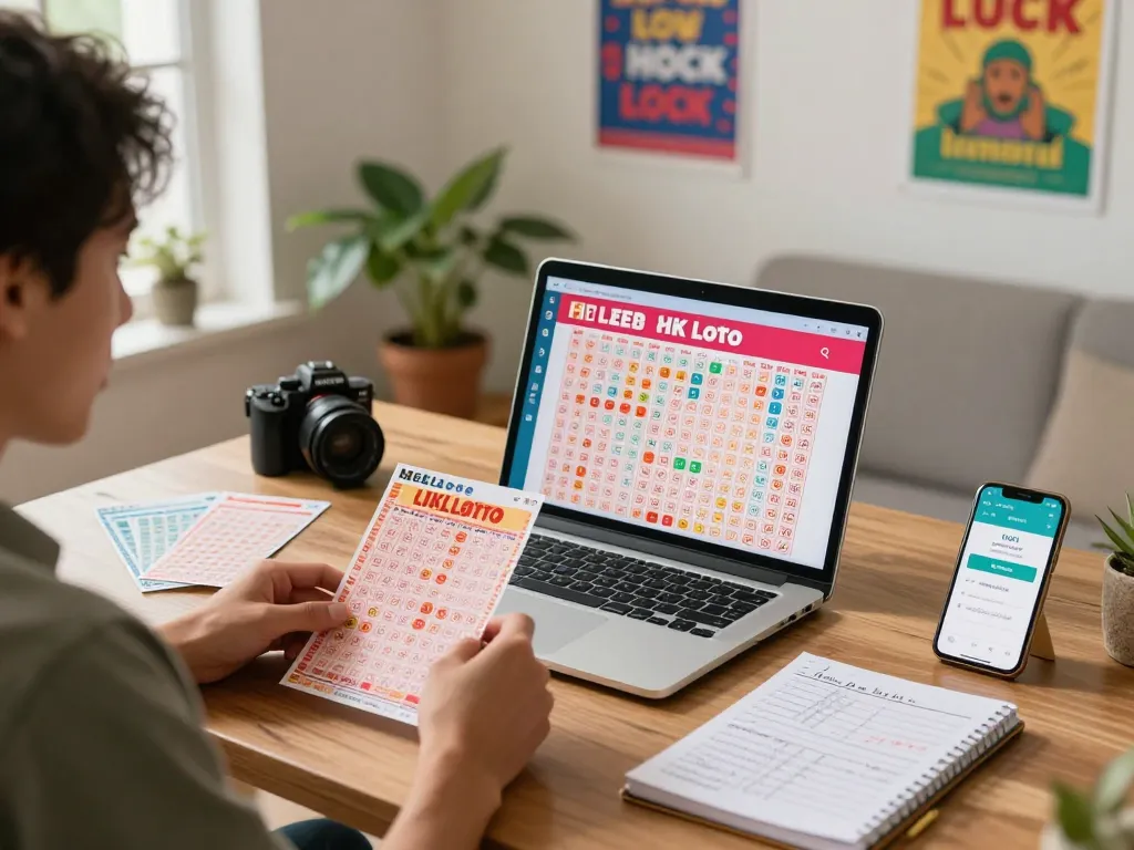 Engaged player exploring HK Lotto results on a laptop with colorful lottery tickets and strategy notes.