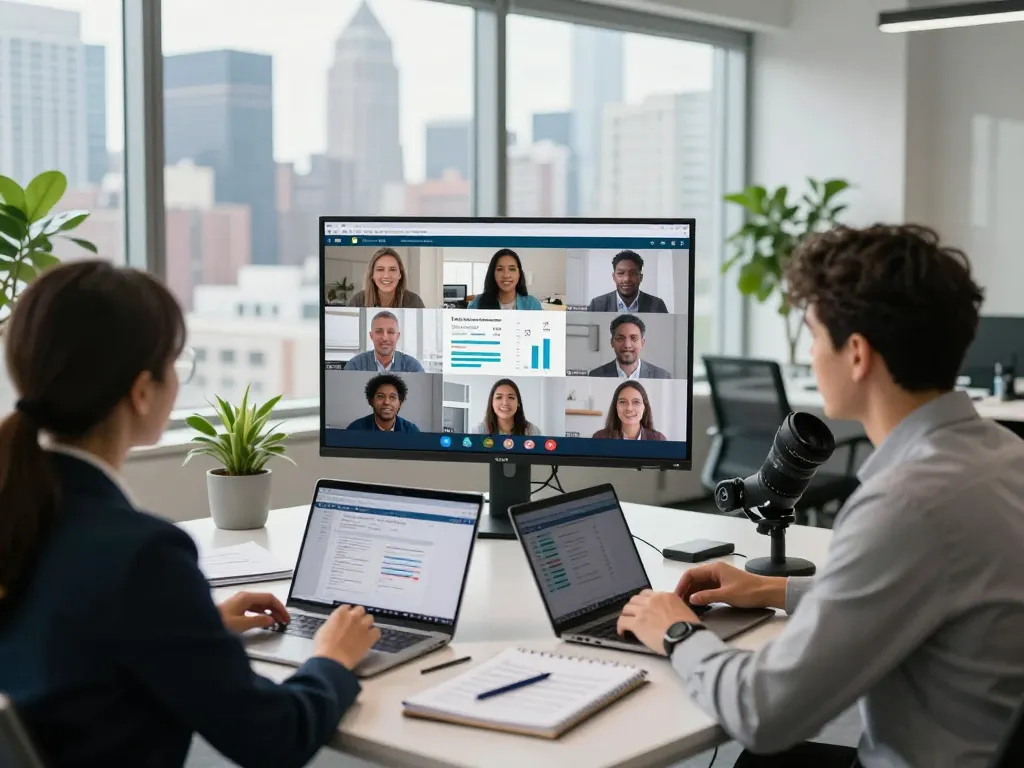 Business meeting discussing New York SEO Services in a modern NYC office with analytics display.