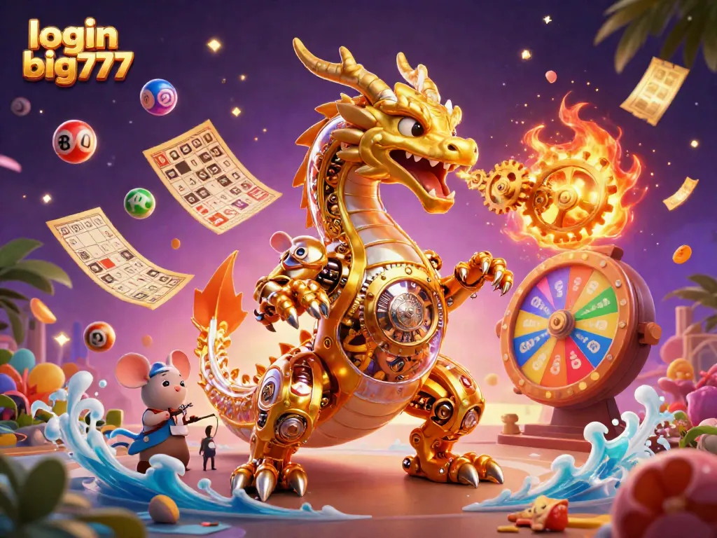 Engage in fun with login big777 as a golden dragon breathes gears surrounded by colorful lottery elements.