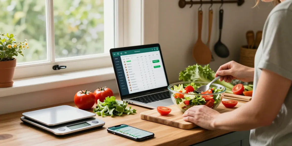 Using the best food tracking app to prepare a colorful salad in a bright kitchen.