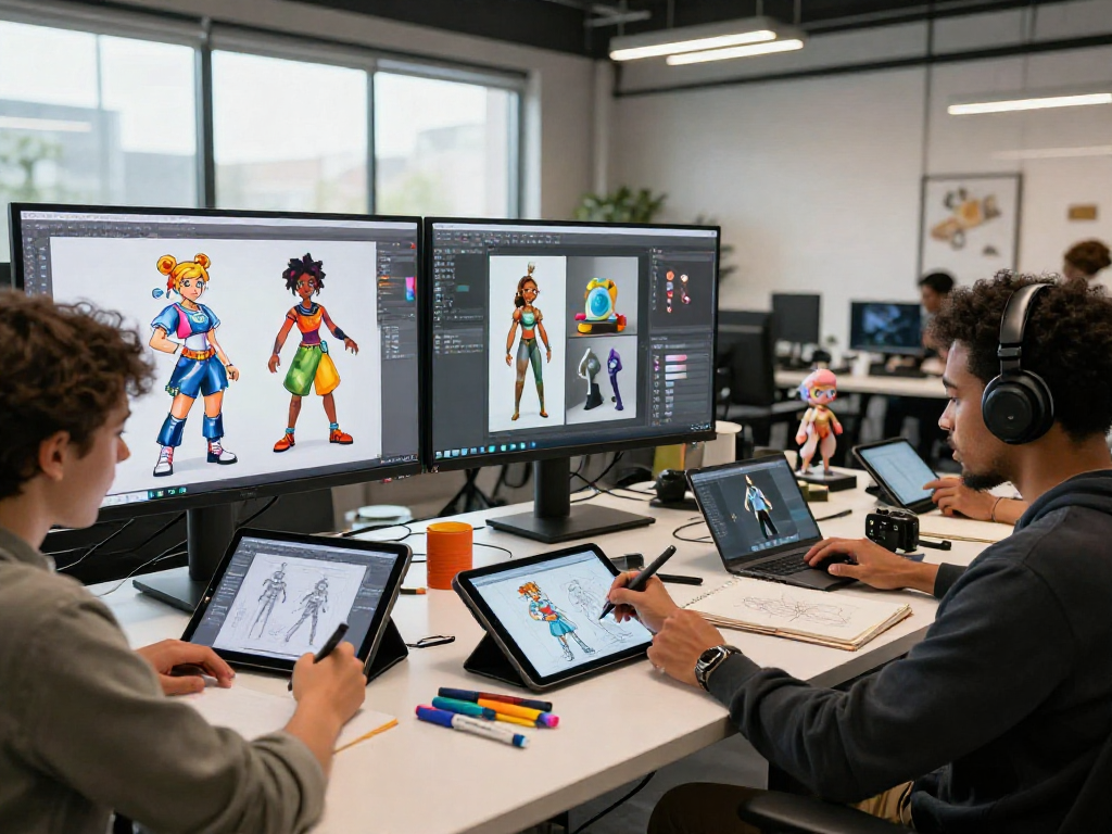 Creators designing characters in a modern studio featuring character ai nsfw elements, vibrant screens, and tablets for sketching.