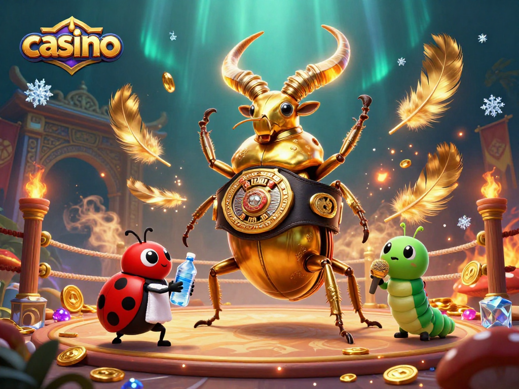 Engaging 3D casino scene with a golden stag beetle boxer and vibrant game elements